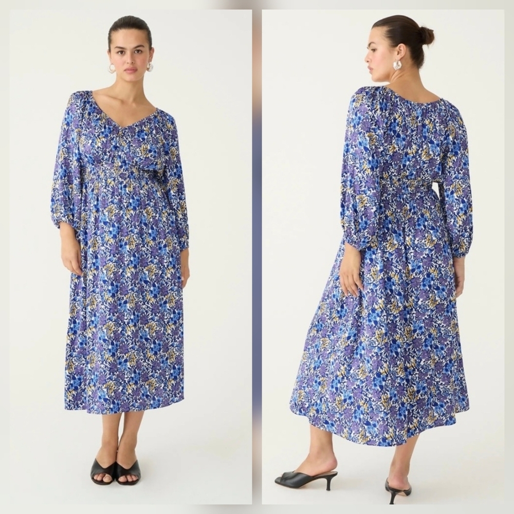 NWT J.Crew V-Neck‎ Midi Dress Fête Floral Print Blue Smocked Waist Pockets